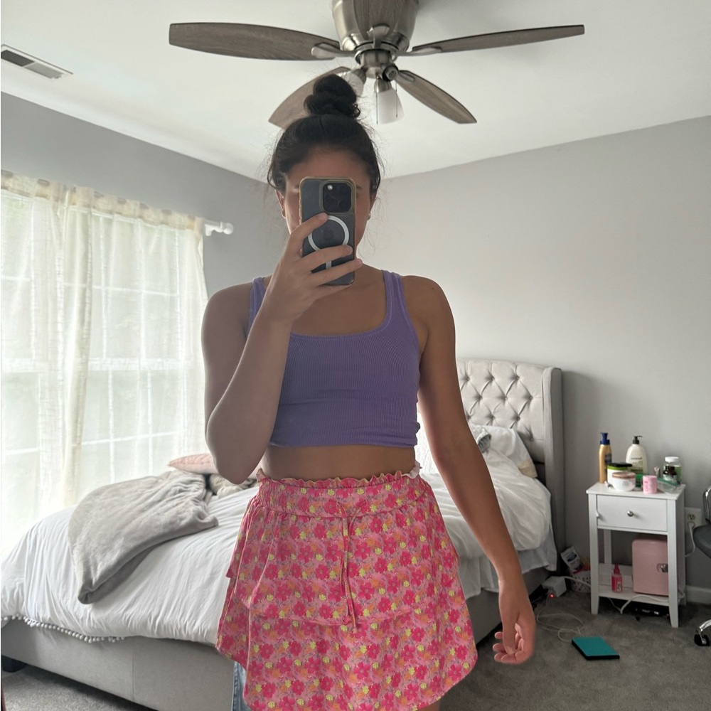LoveShackFancy Pink Floral Mini Skirt